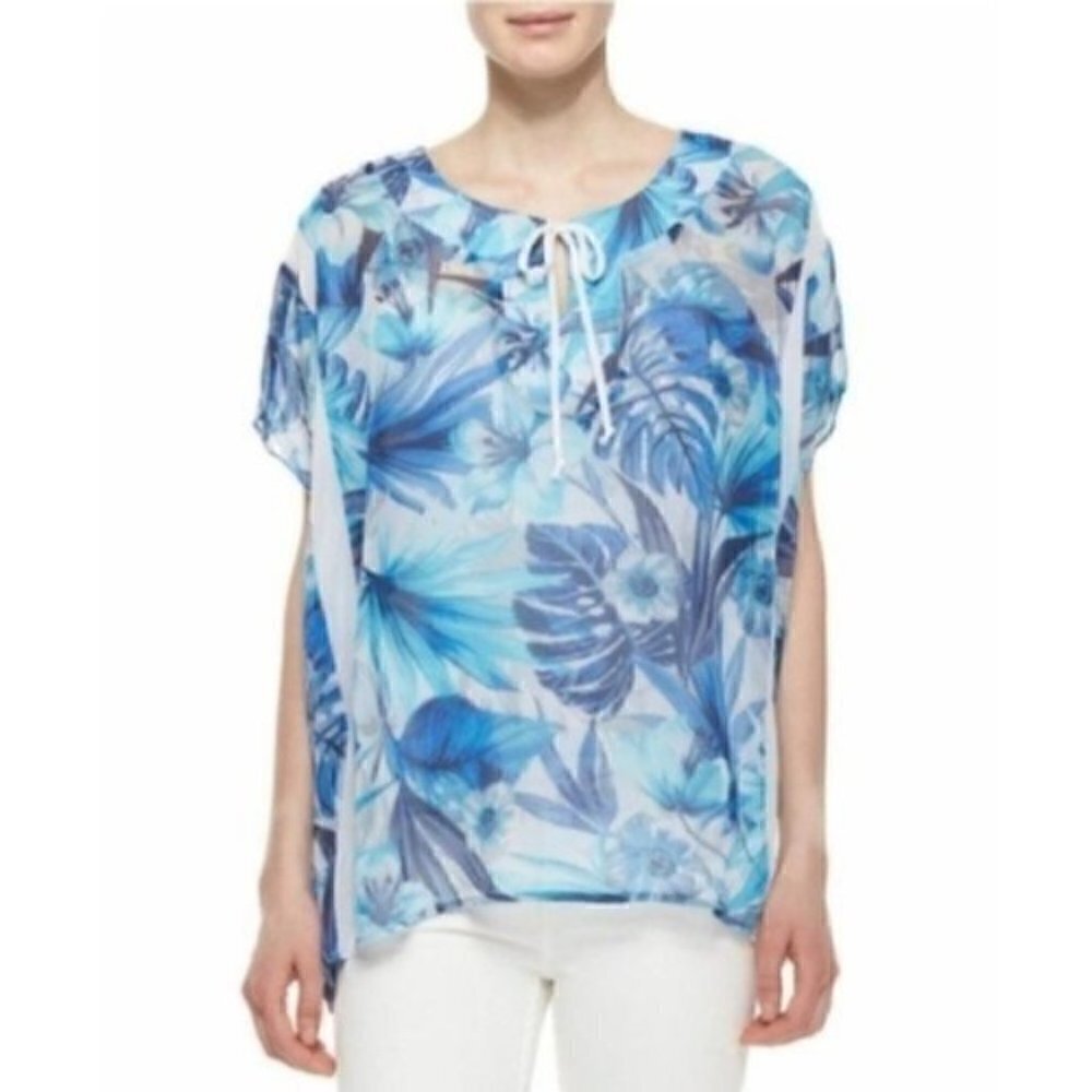 Neiman Marcus Blonde M Sheer Caftan Blue Floral Print Tie-Front Beach Vacation